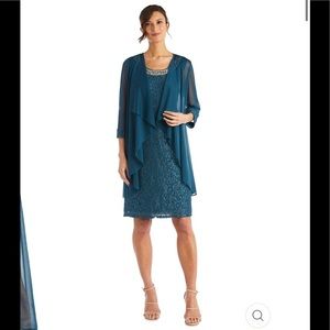 NWT,R&M Richards Sleeveless Lace Dress Pearl Embellishments Sheer Jacket,peacock